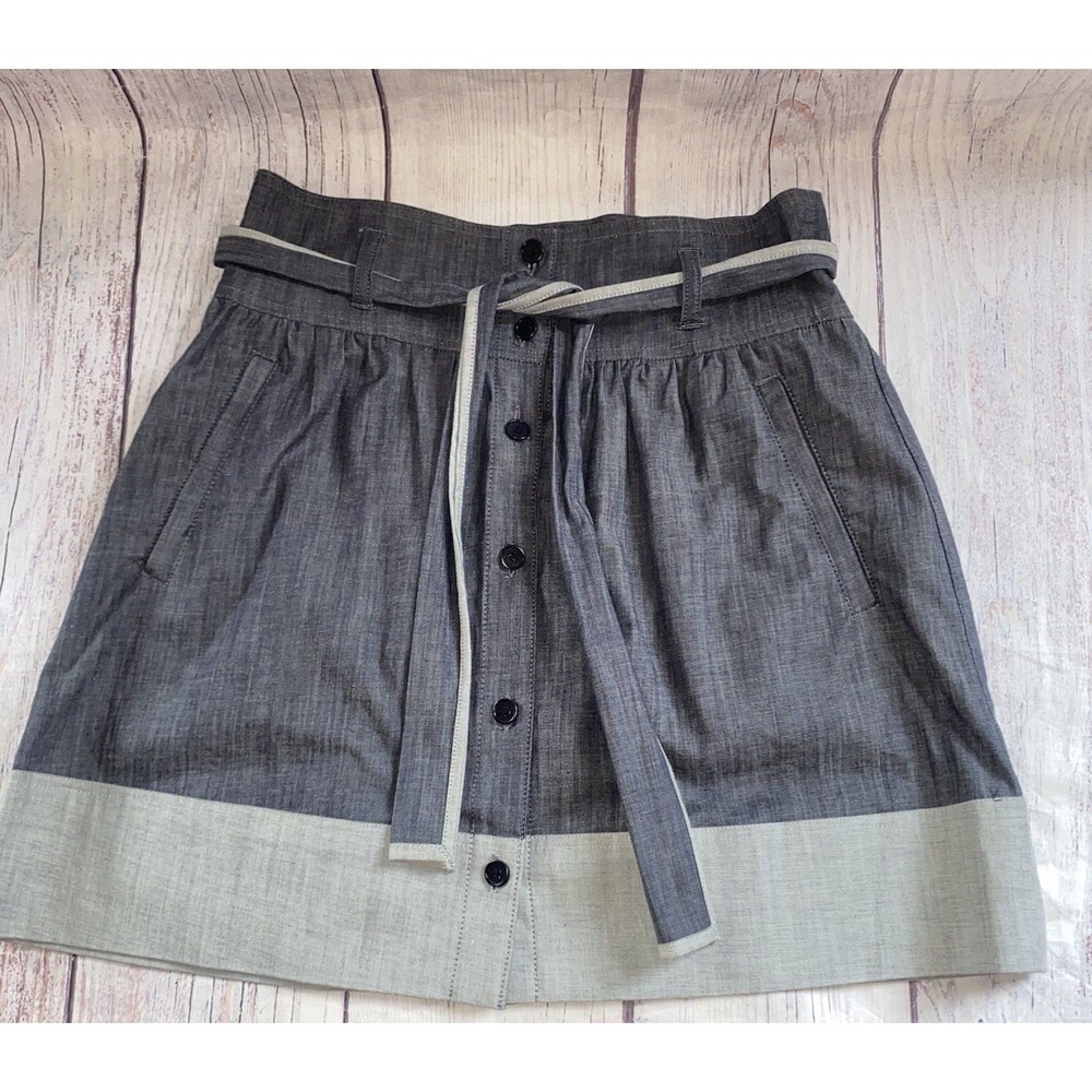 Theory Womens Skirt 4 Gray Paperbag Waist Belted Button Front Quiet Luxury B12